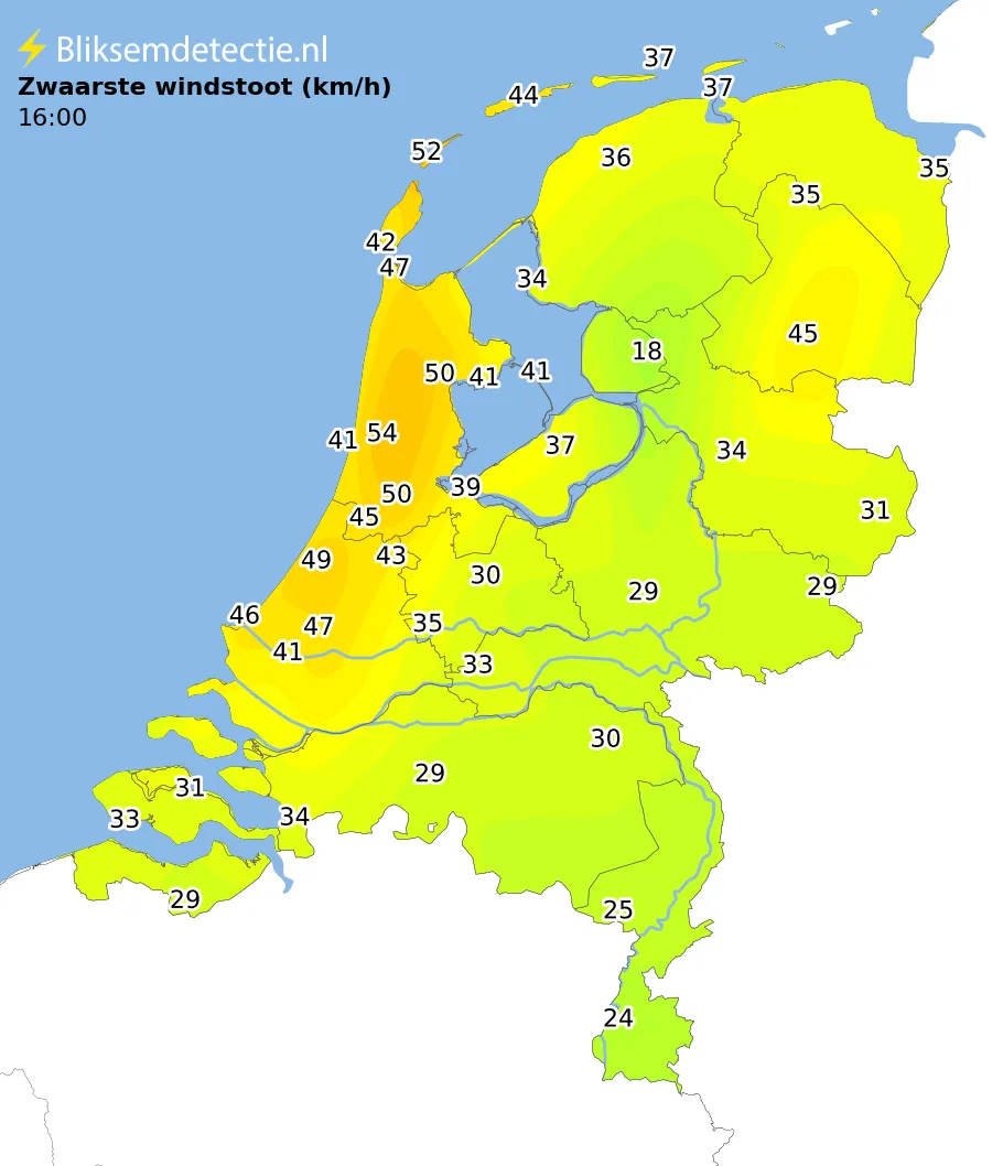 Zwaarste windstoten kaart Nederland