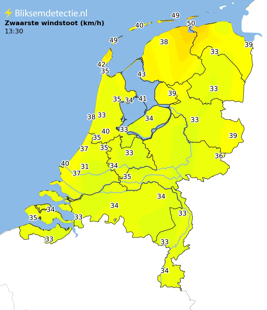 Zwaarste windstoten kaart Nederland