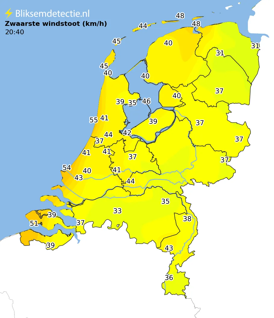 Zwaarste windstoten kaart Nederland