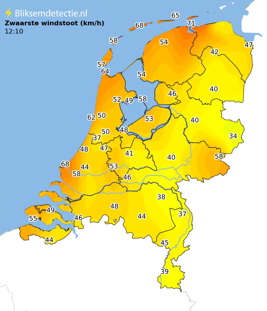 Zwaarste windstoten kaart Nederland