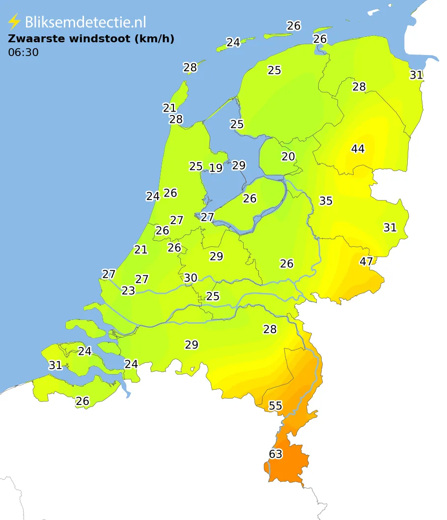 Zwaarste windstoten kaart Nederland