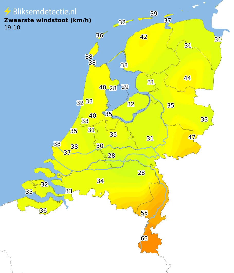 Zwaarste windstoten kaart Nederland