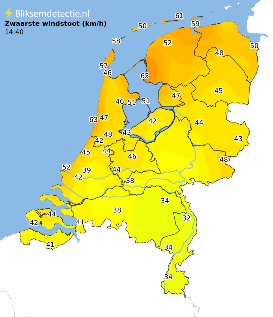 Zwaarste windstoten kaart Nederland