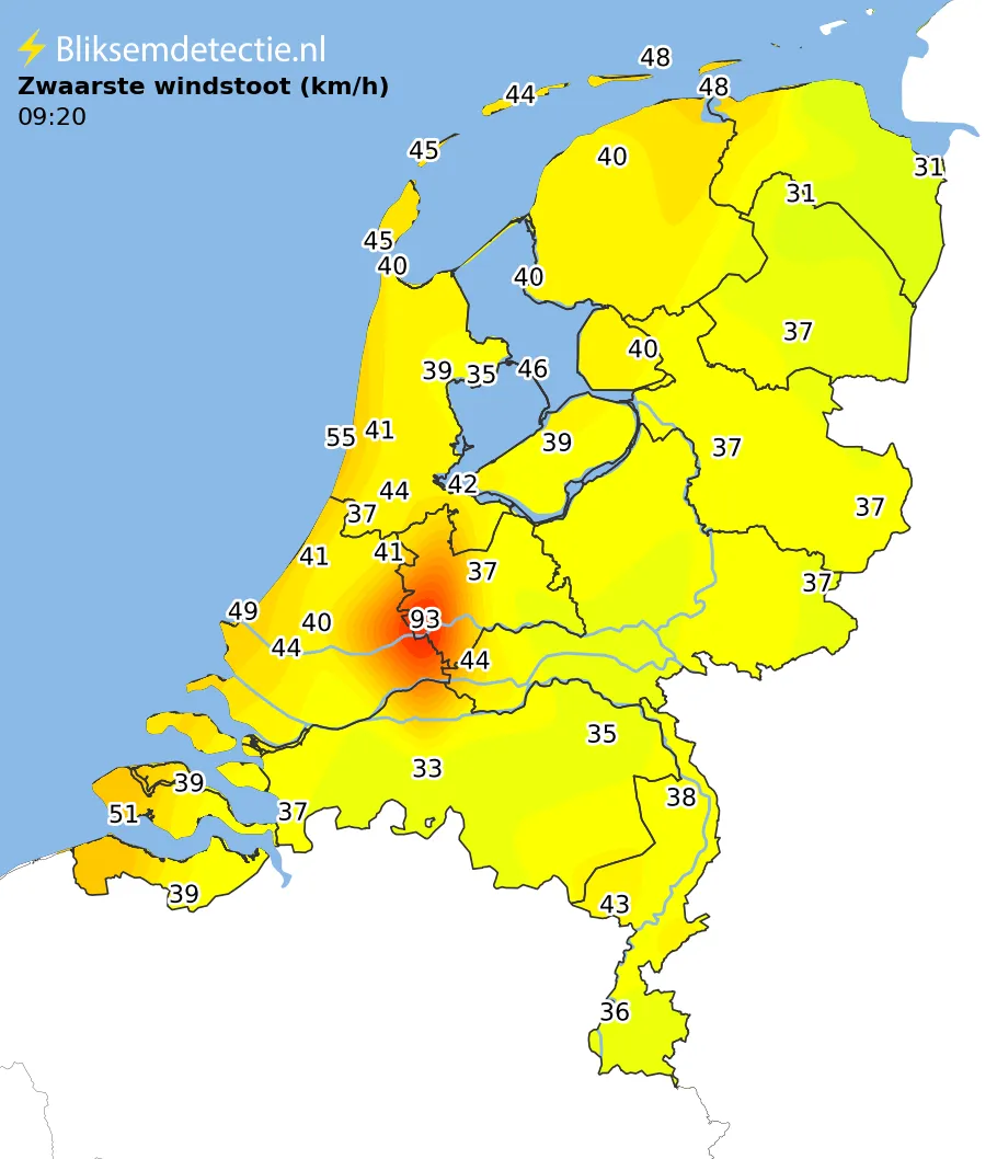 Zwaarste windstoten kaart Nederland