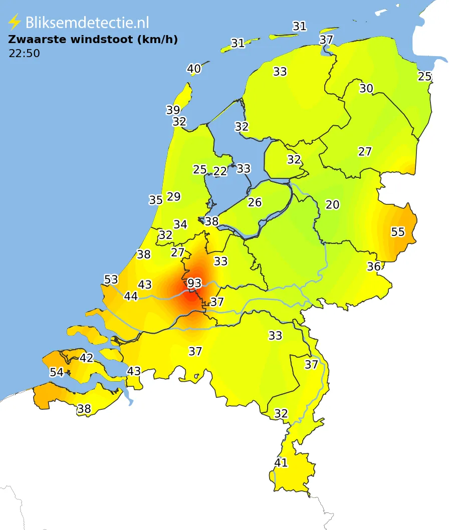 Zwaarste windstoten kaart Nederland