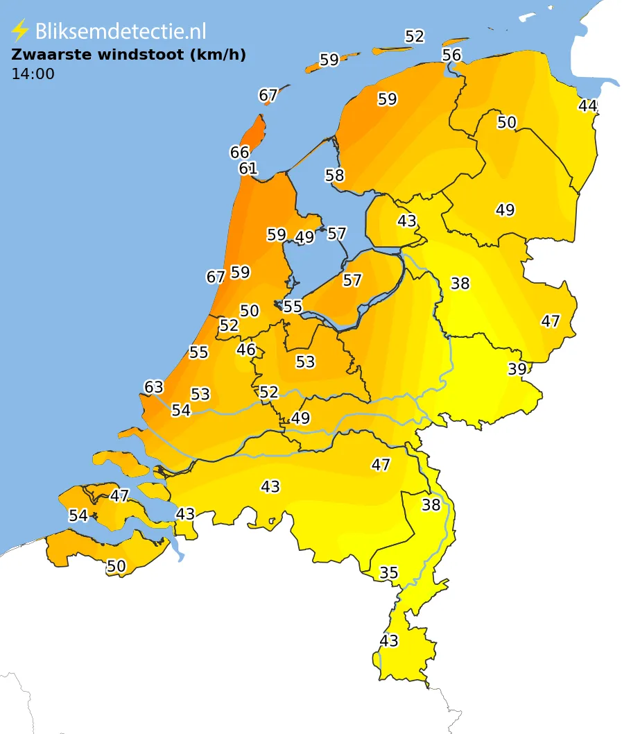 Zwaarste windstoten kaart Nederland