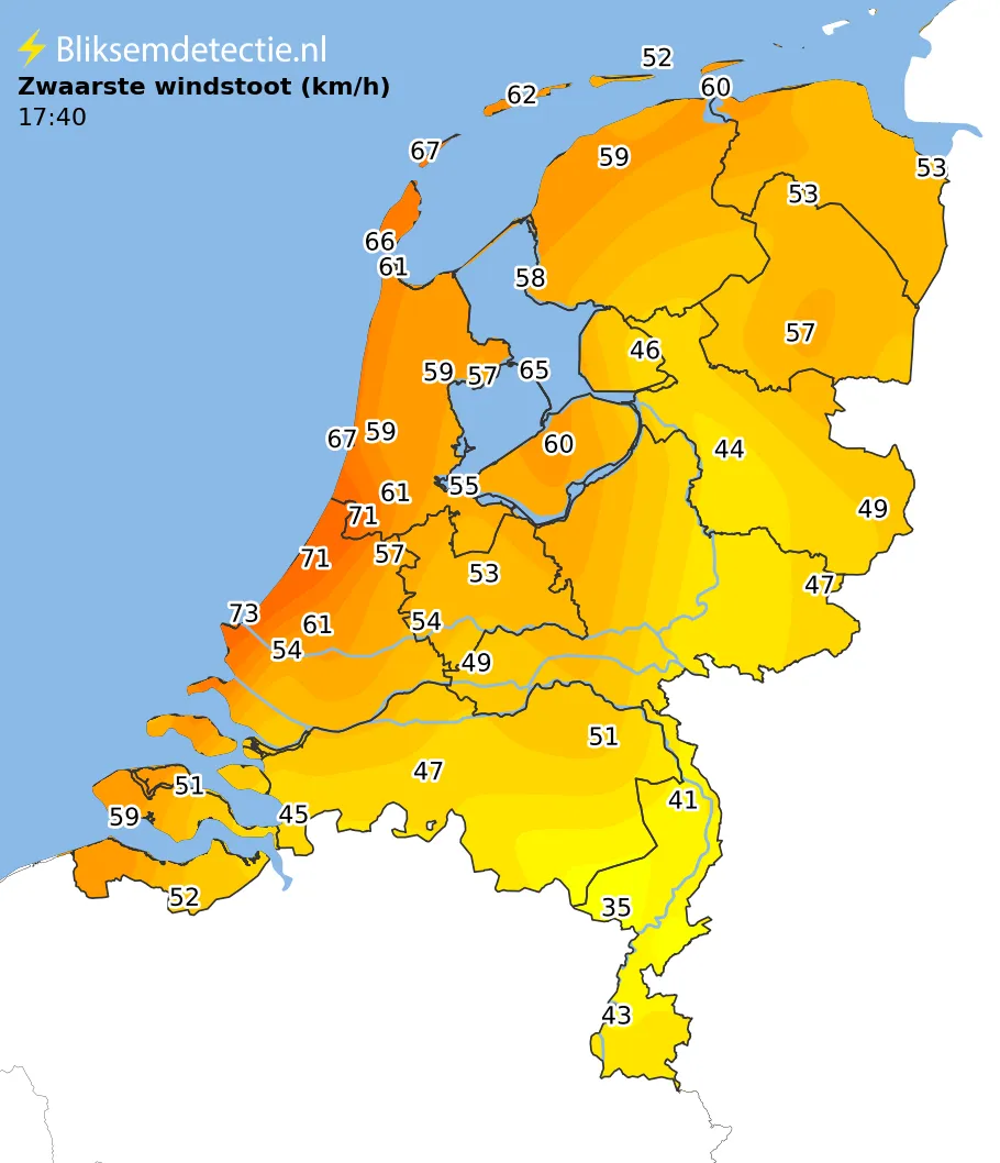 Zwaarste windstoten kaart Nederland