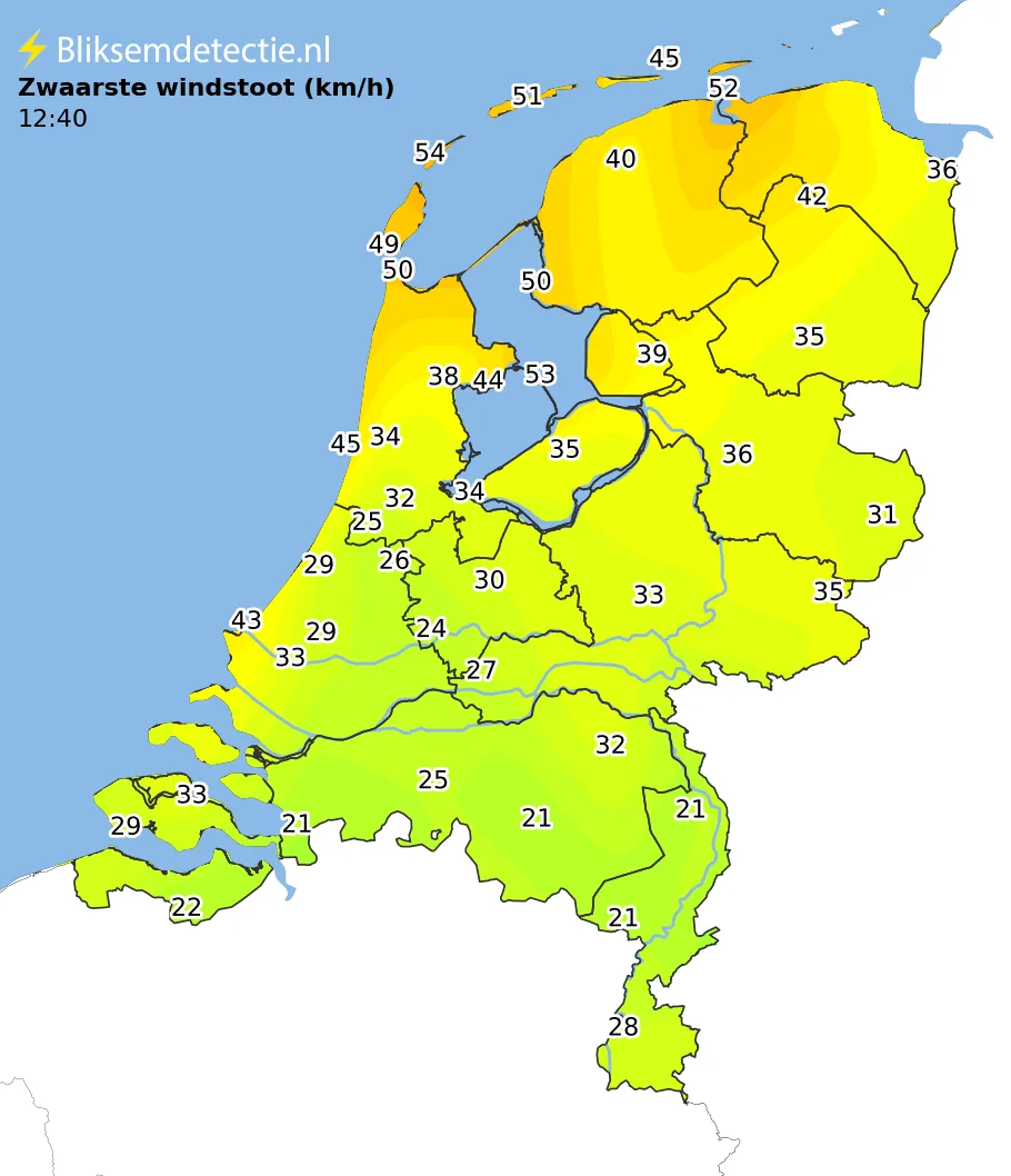 Zwaarste windstoten kaart Nederland