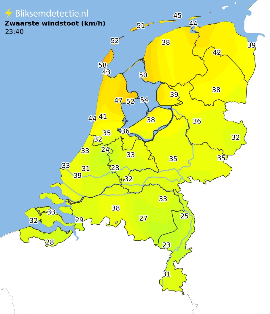 Zwaarste windstoten kaart Nederland