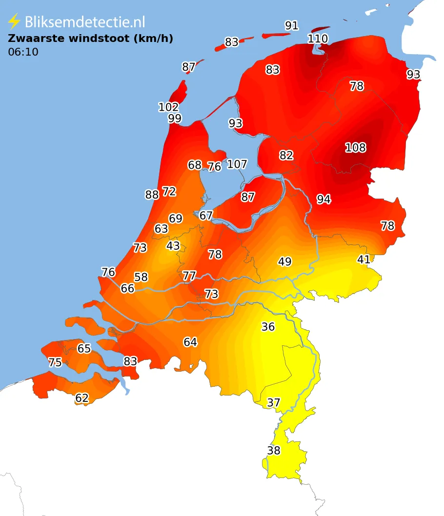 Zwaarste windstoten kaart Nederland