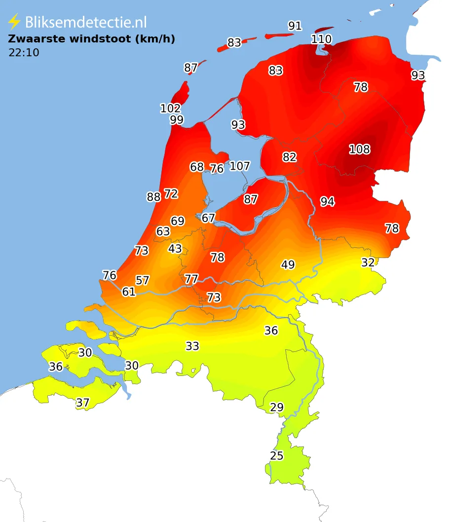 Zwaarste windstoten kaart Nederland
