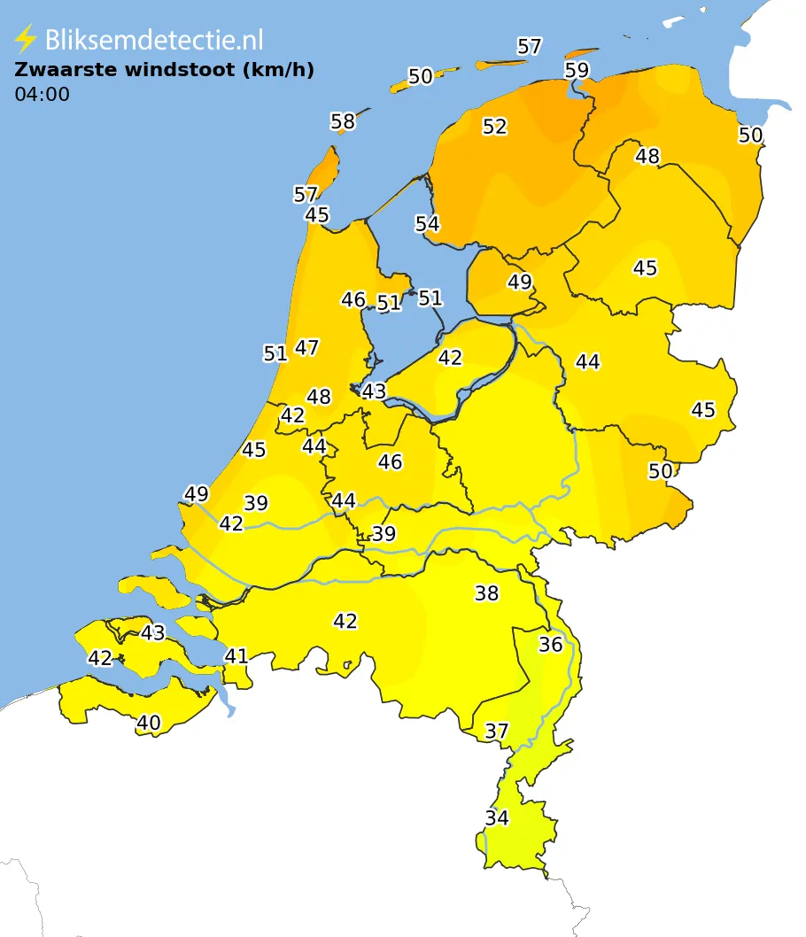 Zwaarste windstoten kaart Nederland