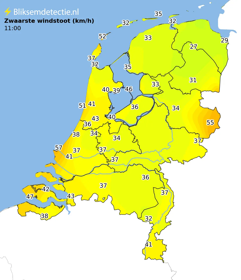 Zwaarste windstoten kaart Nederland