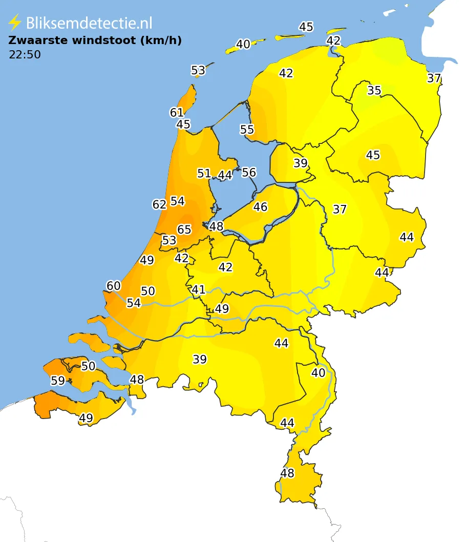 Zwaarste windstoten kaart Nederland