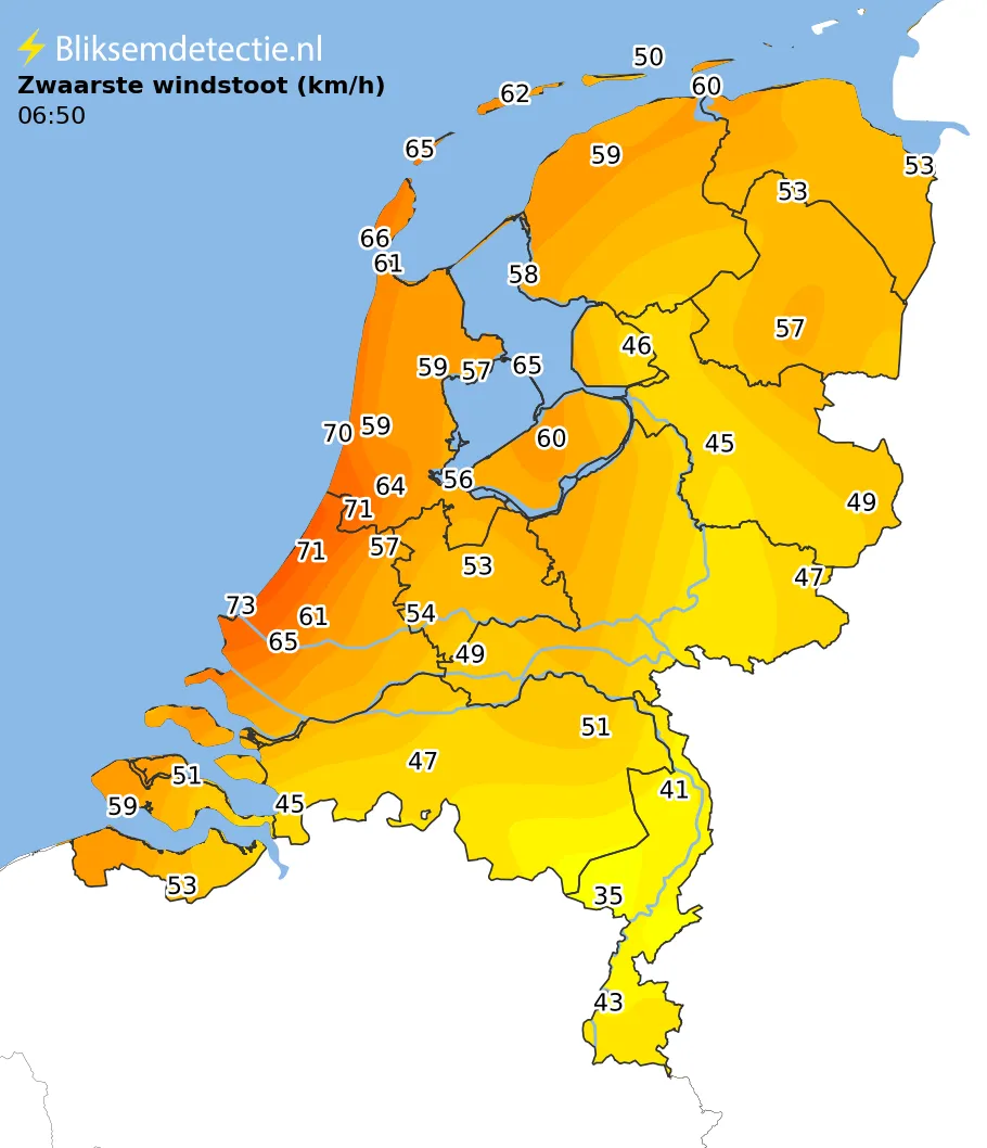 Zwaarste windstoten kaart Nederland