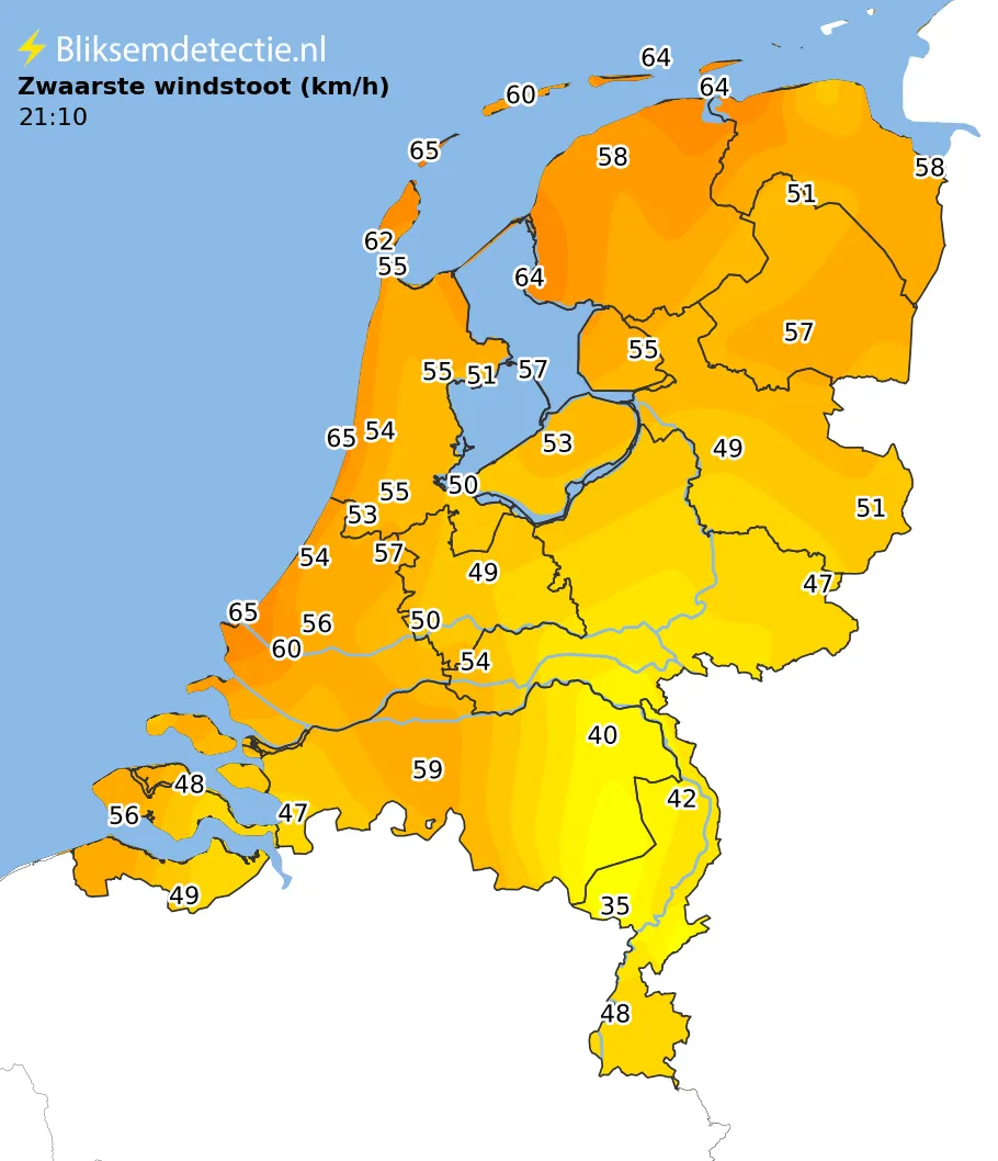 Zwaarste windstoten kaart Nederland