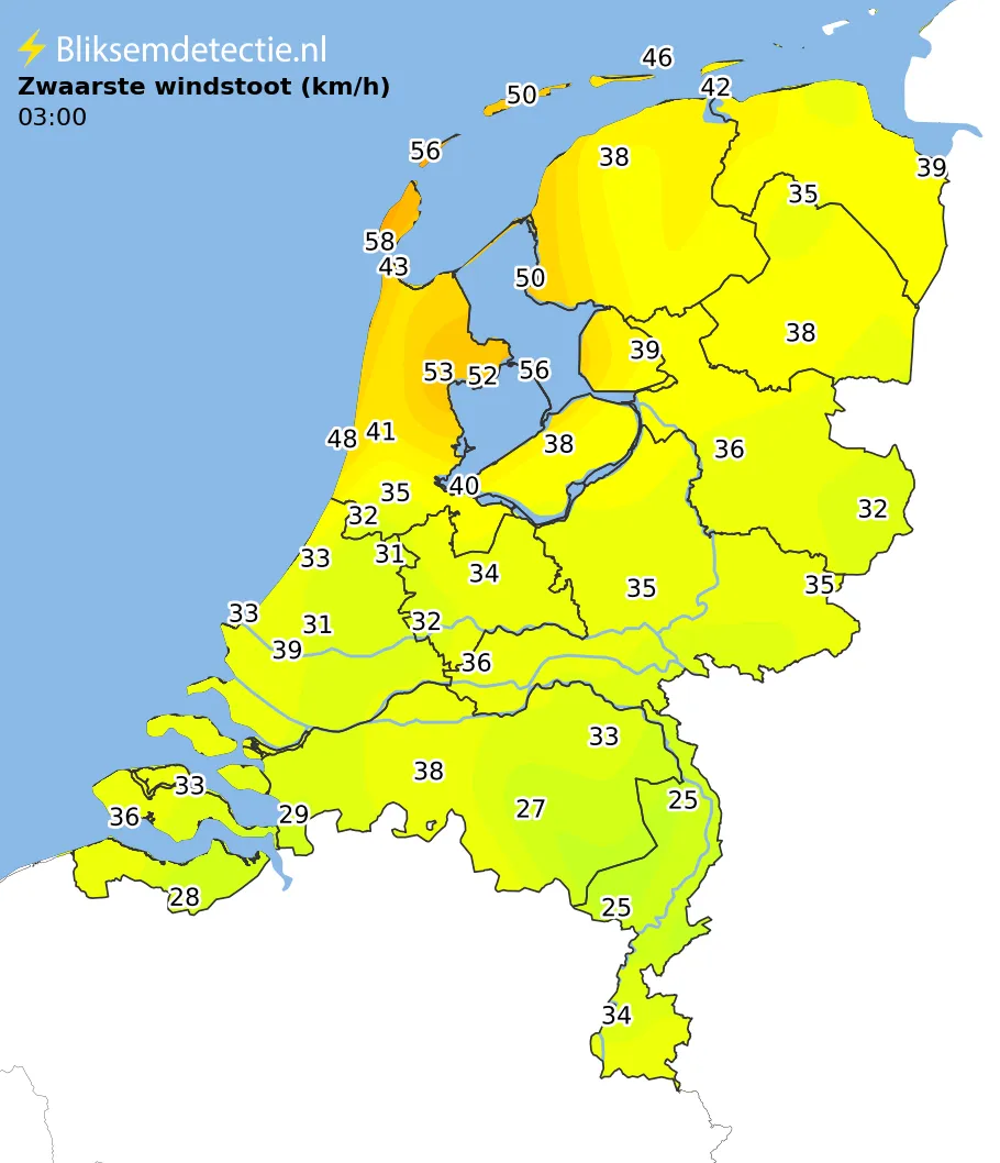 Zwaarste windstoten kaart Nederland
