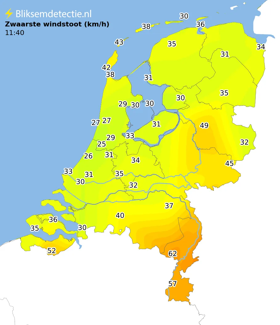 Zwaarste windstoten kaart Nederland