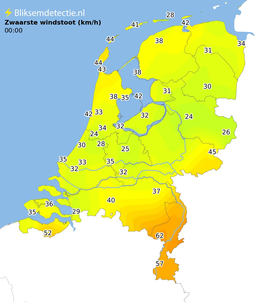 Zwaarste windstoten kaart Nederland