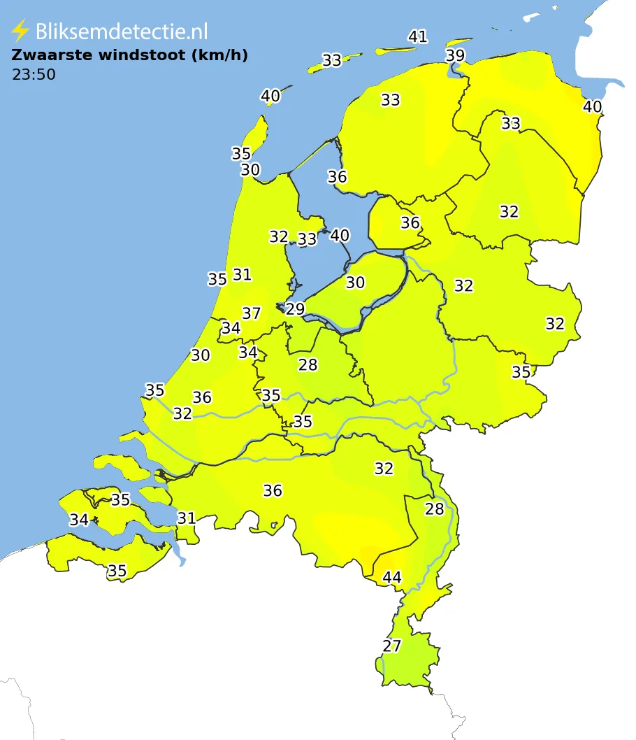 Zwaarste windstoten kaart Nederland