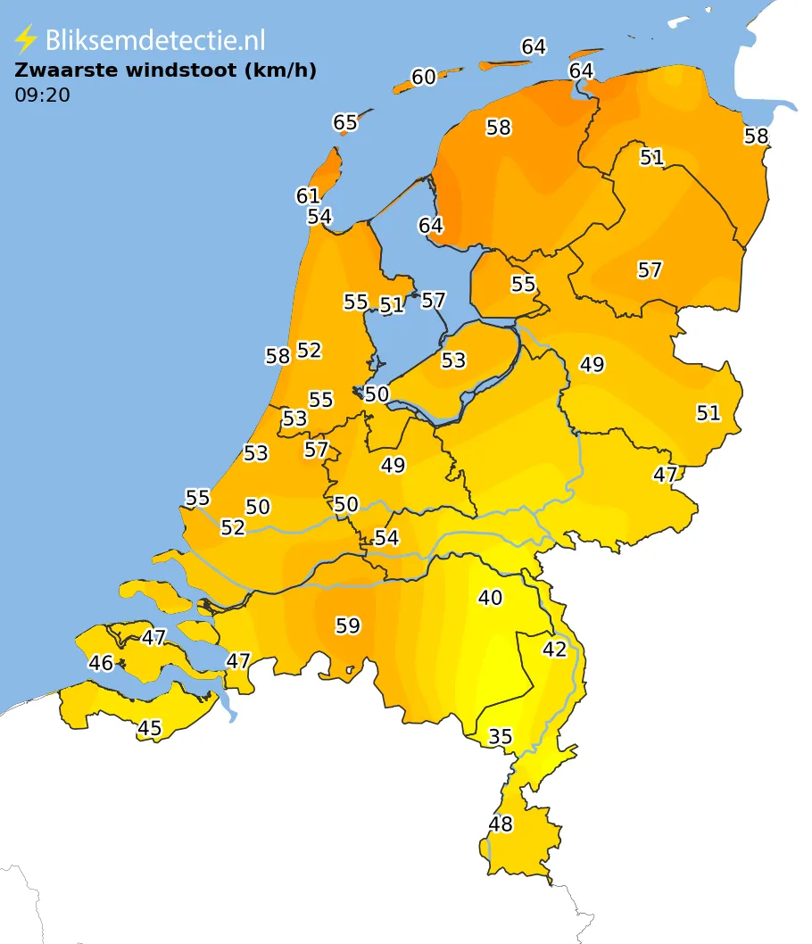 Zwaarste windstoten kaart Nederland