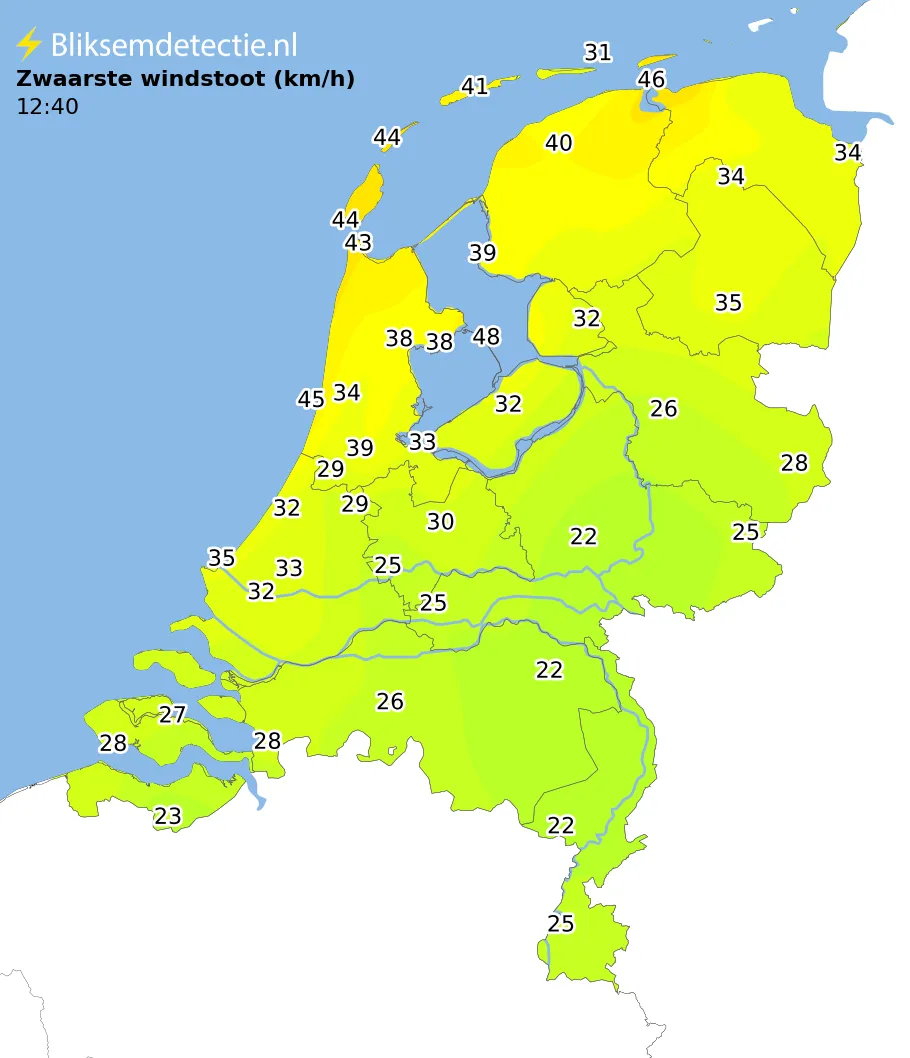 Zwaarste windstoten kaart Nederland