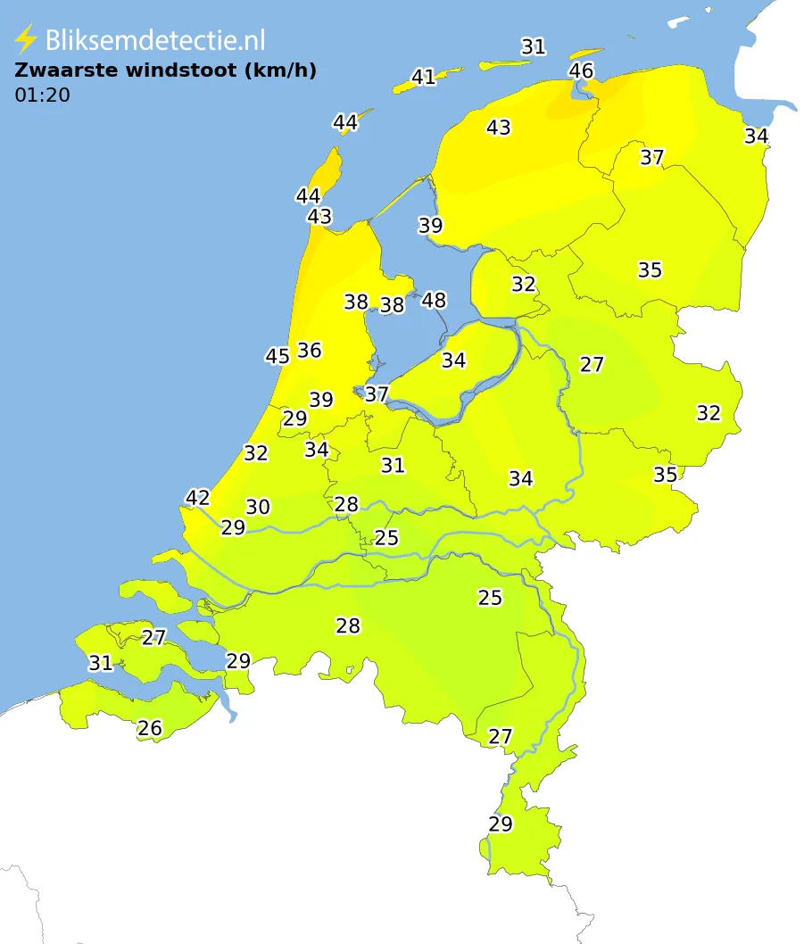 Zwaarste windstoten kaart Nederland