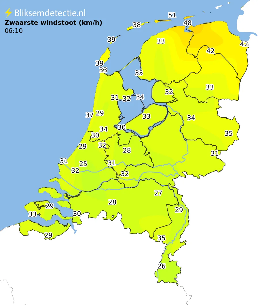 Zwaarste windstoten kaart Nederland