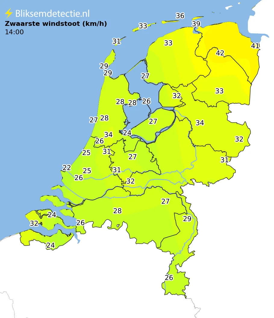 Zwaarste windstoten kaart Nederland