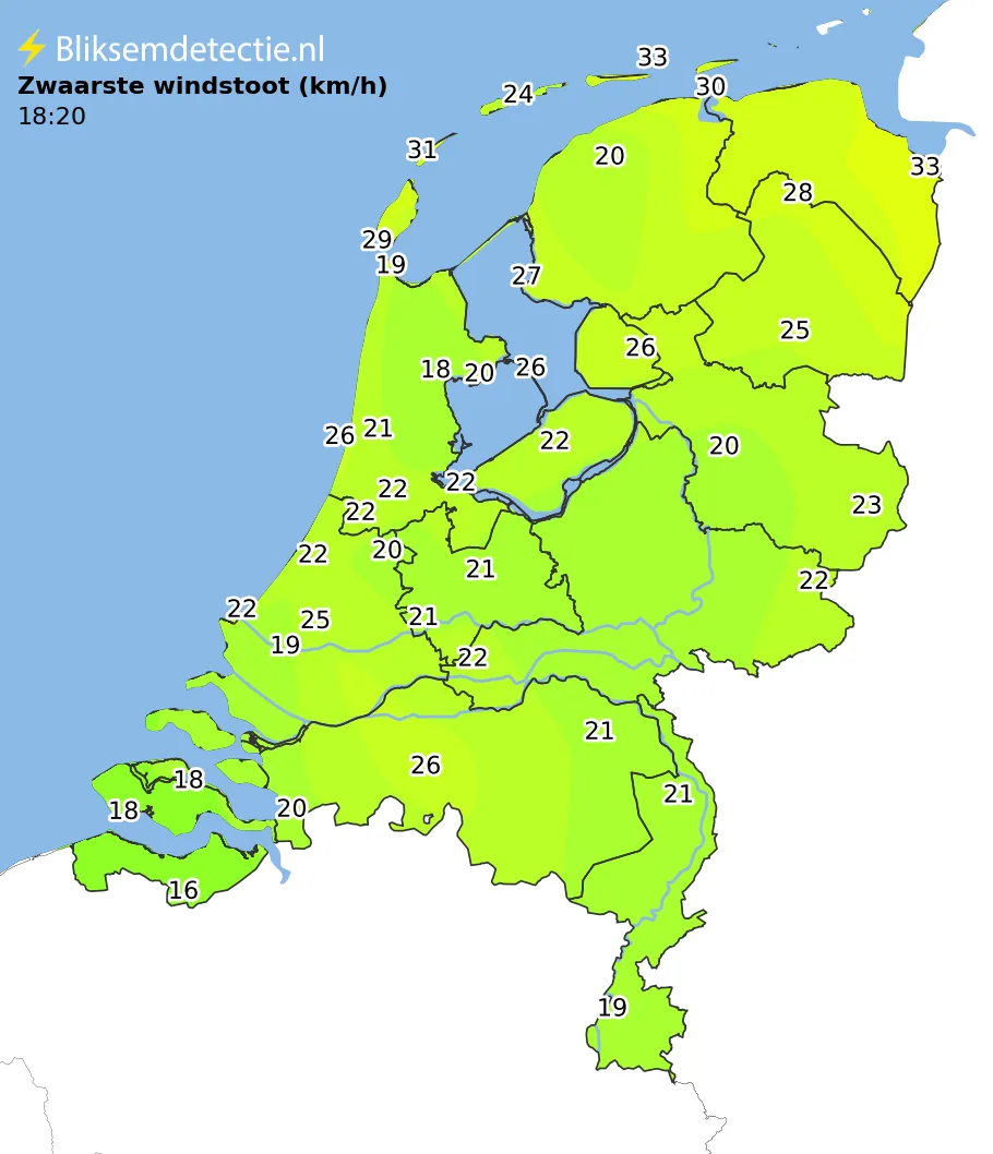Zwaarste windstoten kaart Nederland