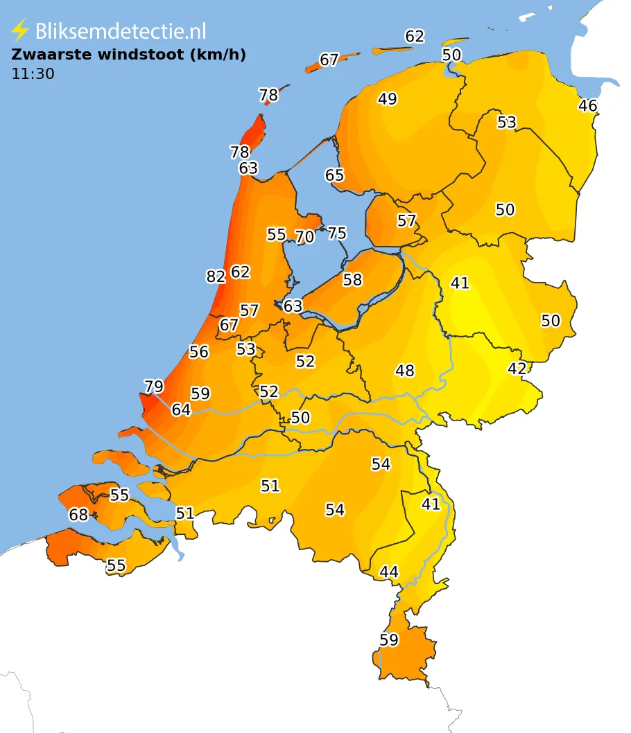 Zwaarste windstoten kaart Nederland