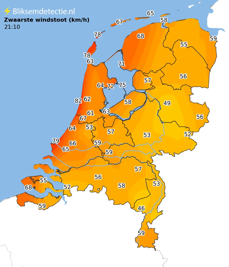 Zwaarste windstoten kaart Nederland