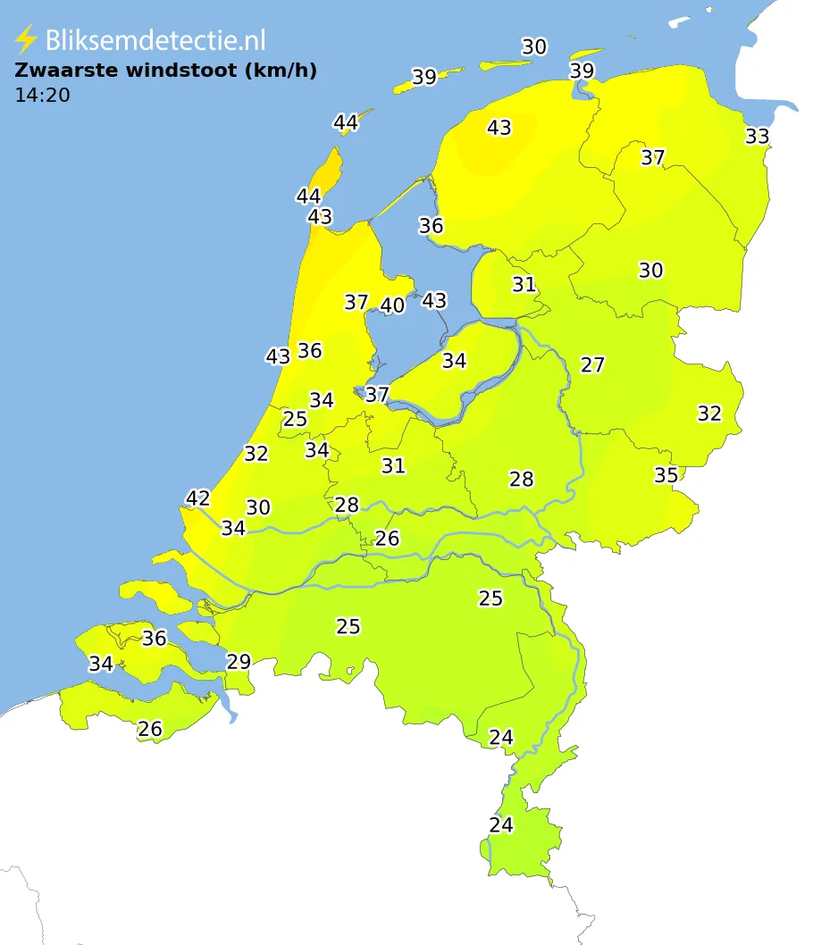 Zwaarste windstoten kaart Nederland
