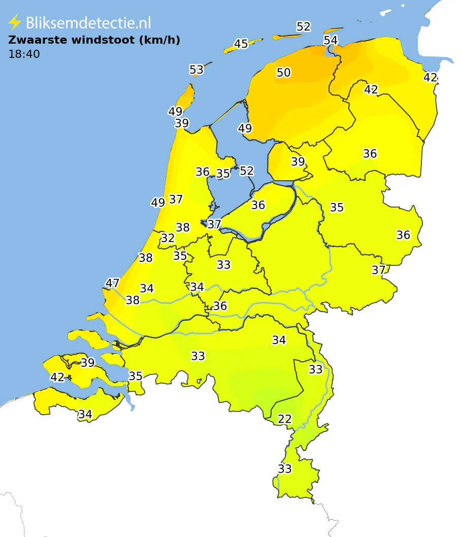 Zwaarste windstoten kaart Nederland