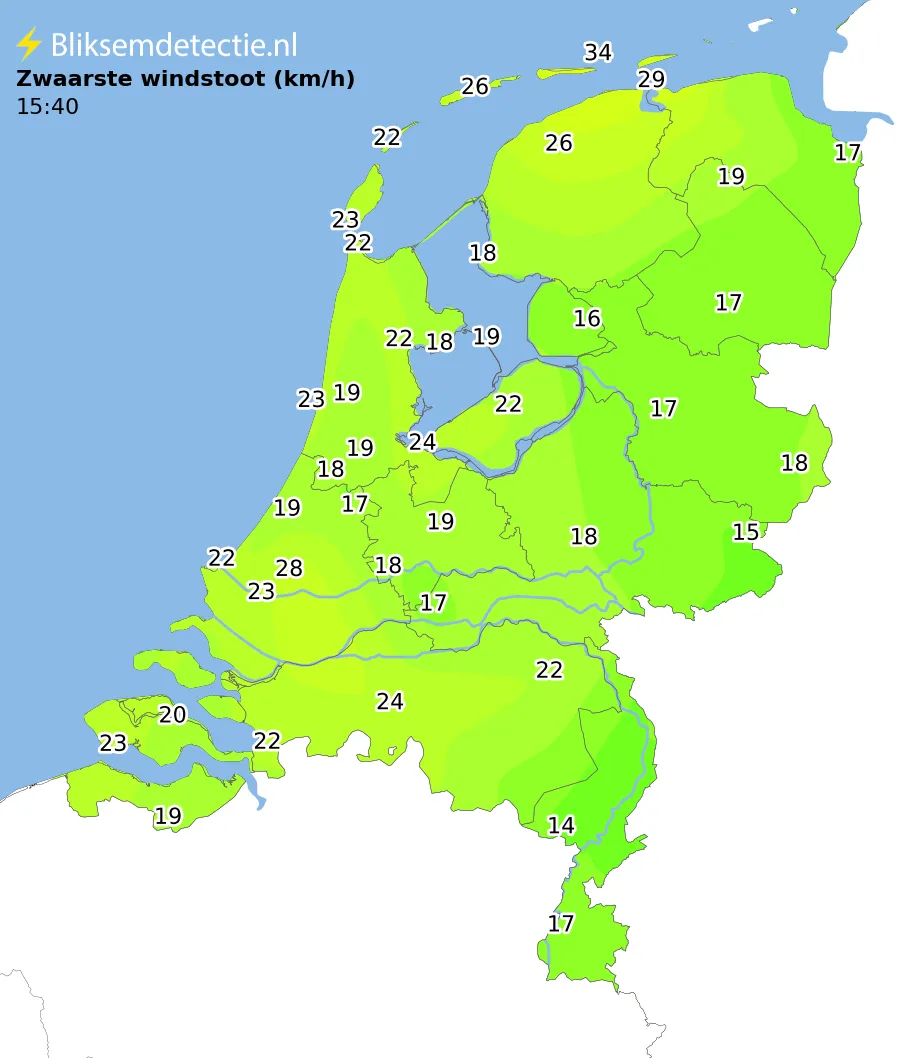 Zwaarste windstoten kaart Nederland