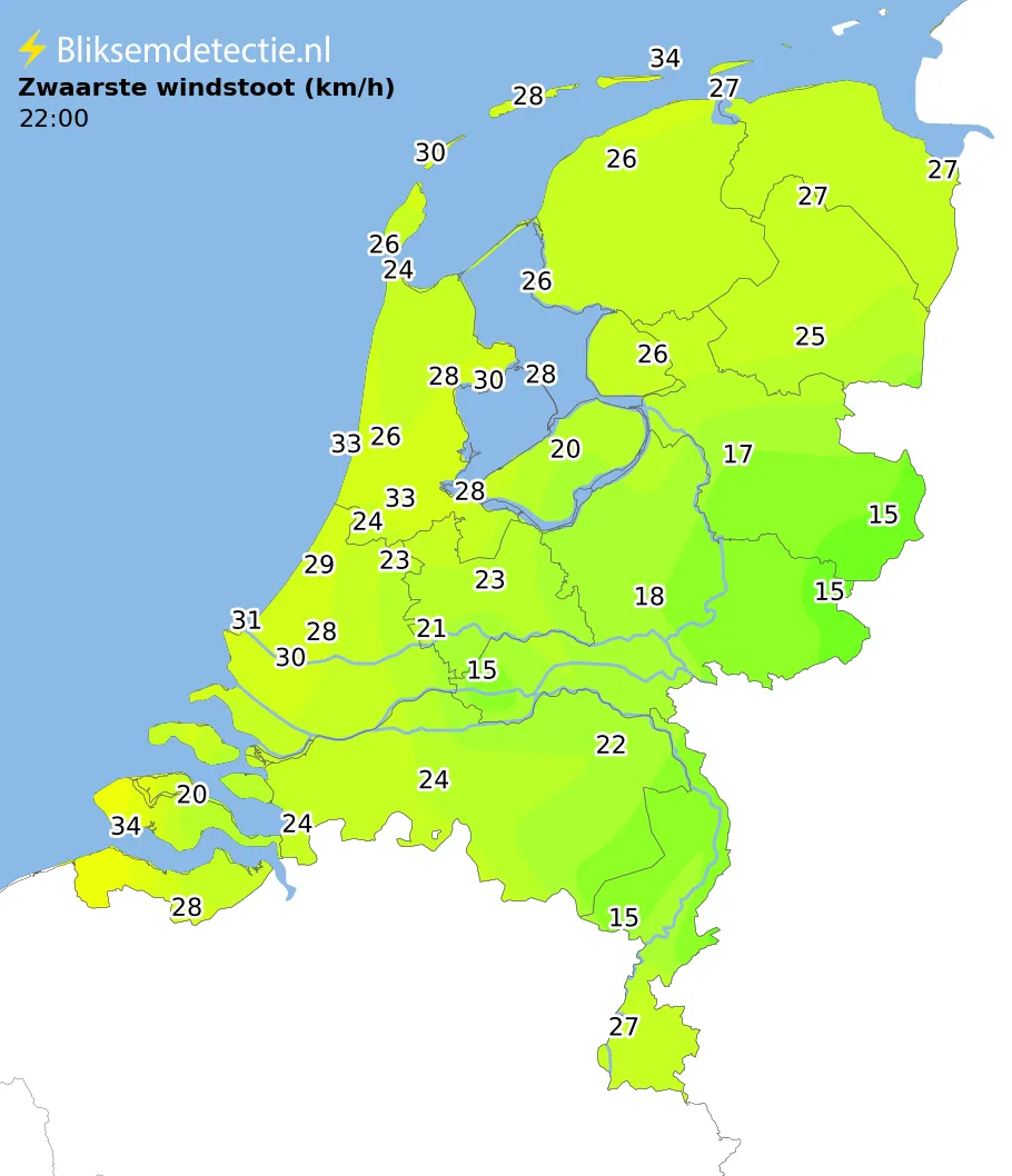 Zwaarste windstoten kaart Nederland