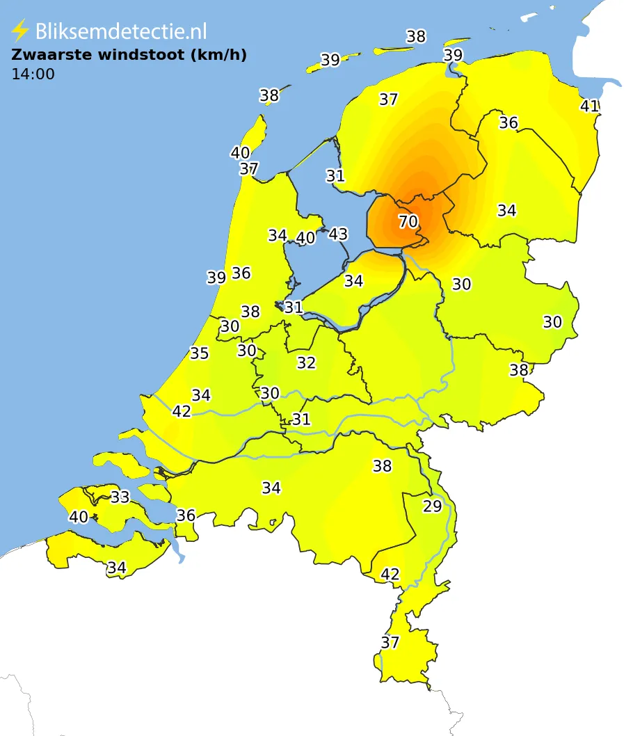Zwaarste windstoten kaart Nederland