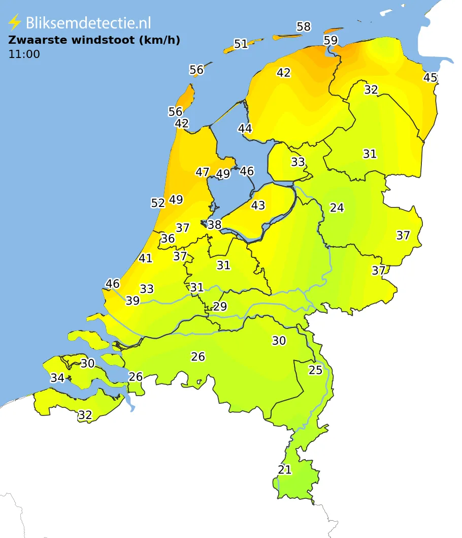 Zwaarste windstoten kaart Nederland
