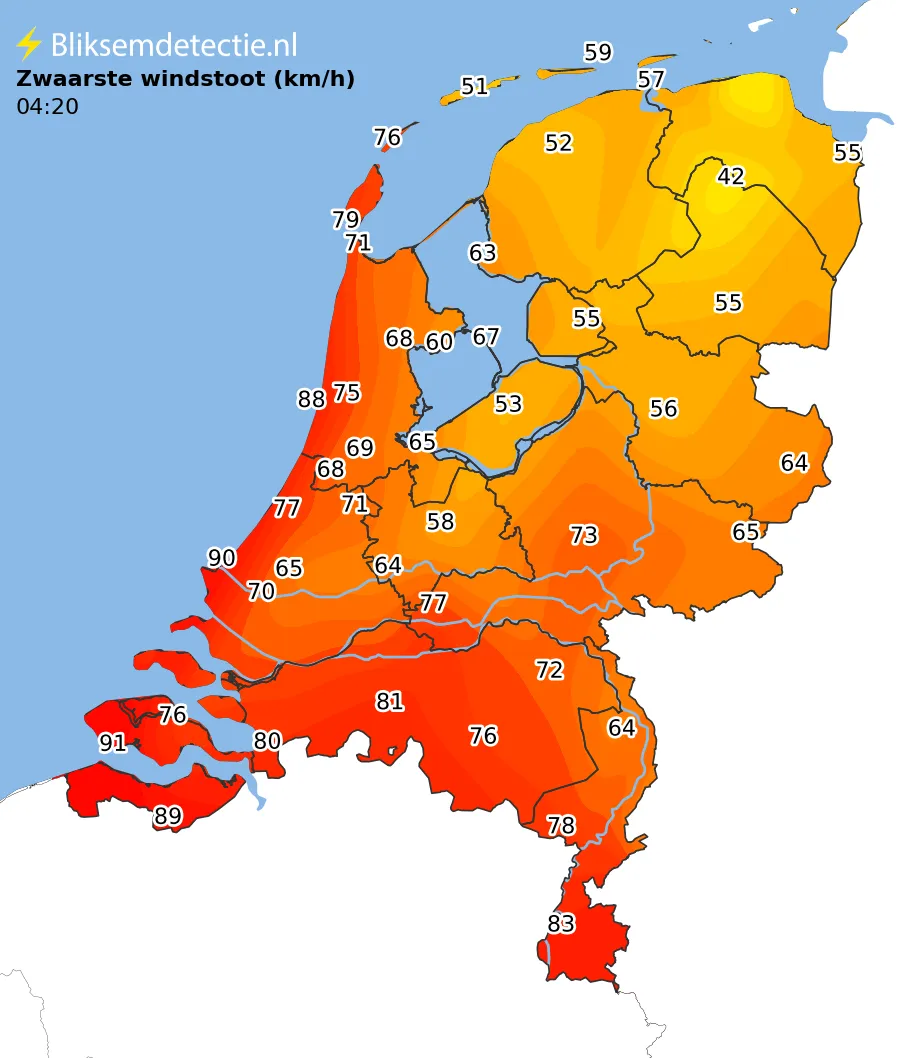 Zwaarste windstoten kaart Nederland