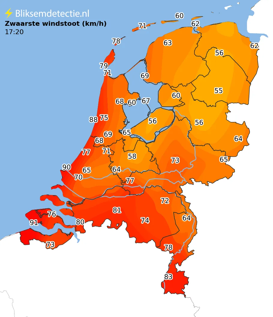 Zwaarste windstoten kaart Nederland