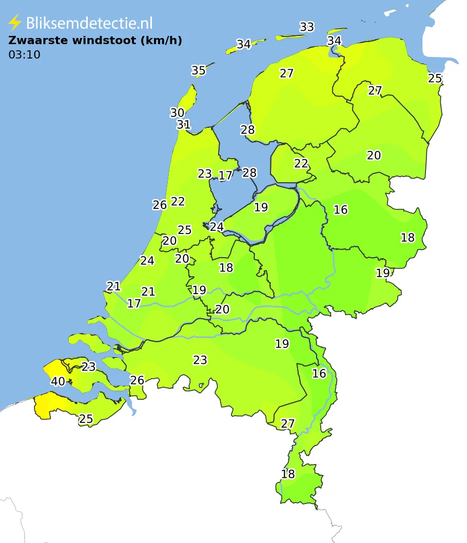 Zwaarste windstoten kaart Nederland
