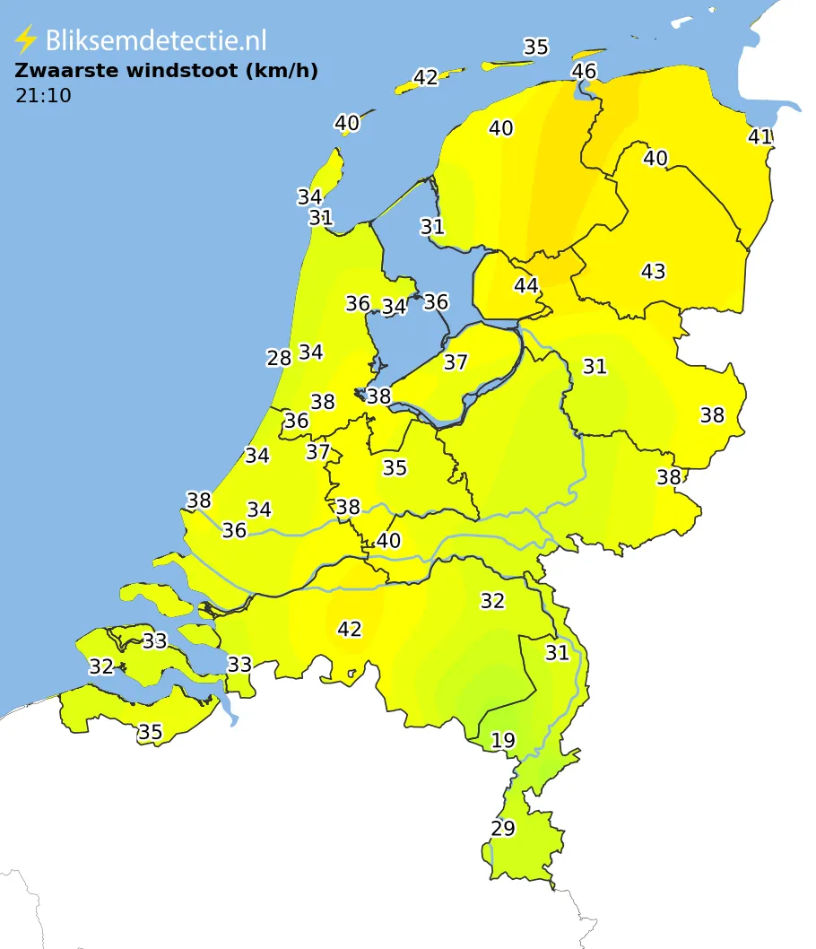 Zwaarste windstoten kaart Nederland