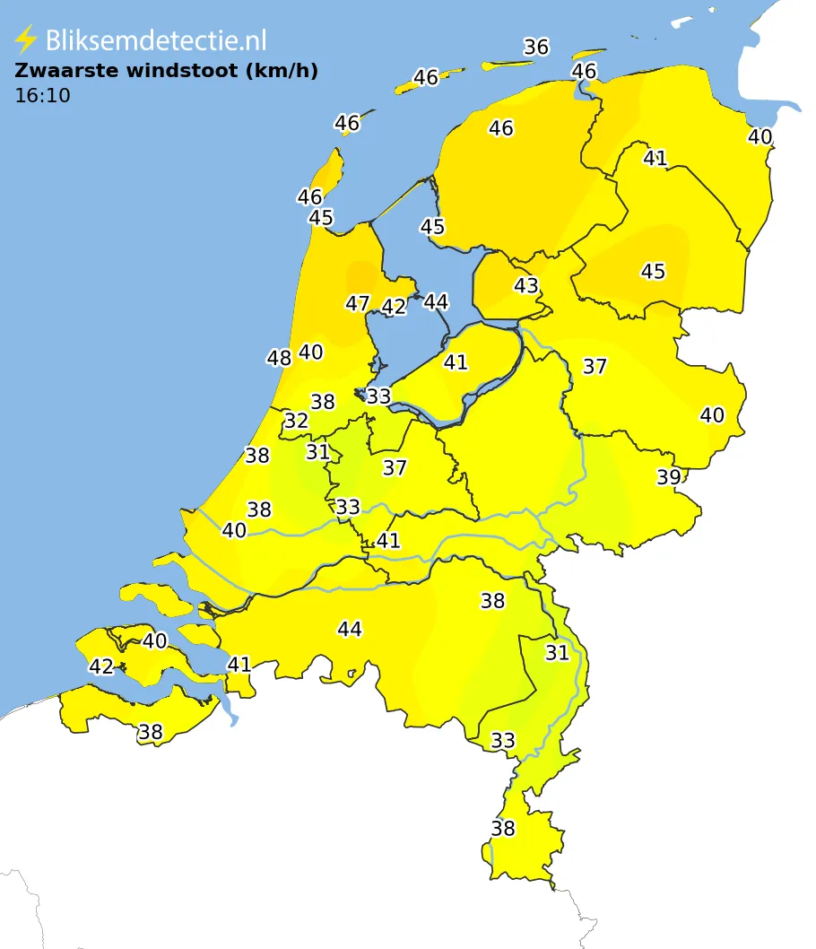 Zwaarste windstoten kaart Nederland