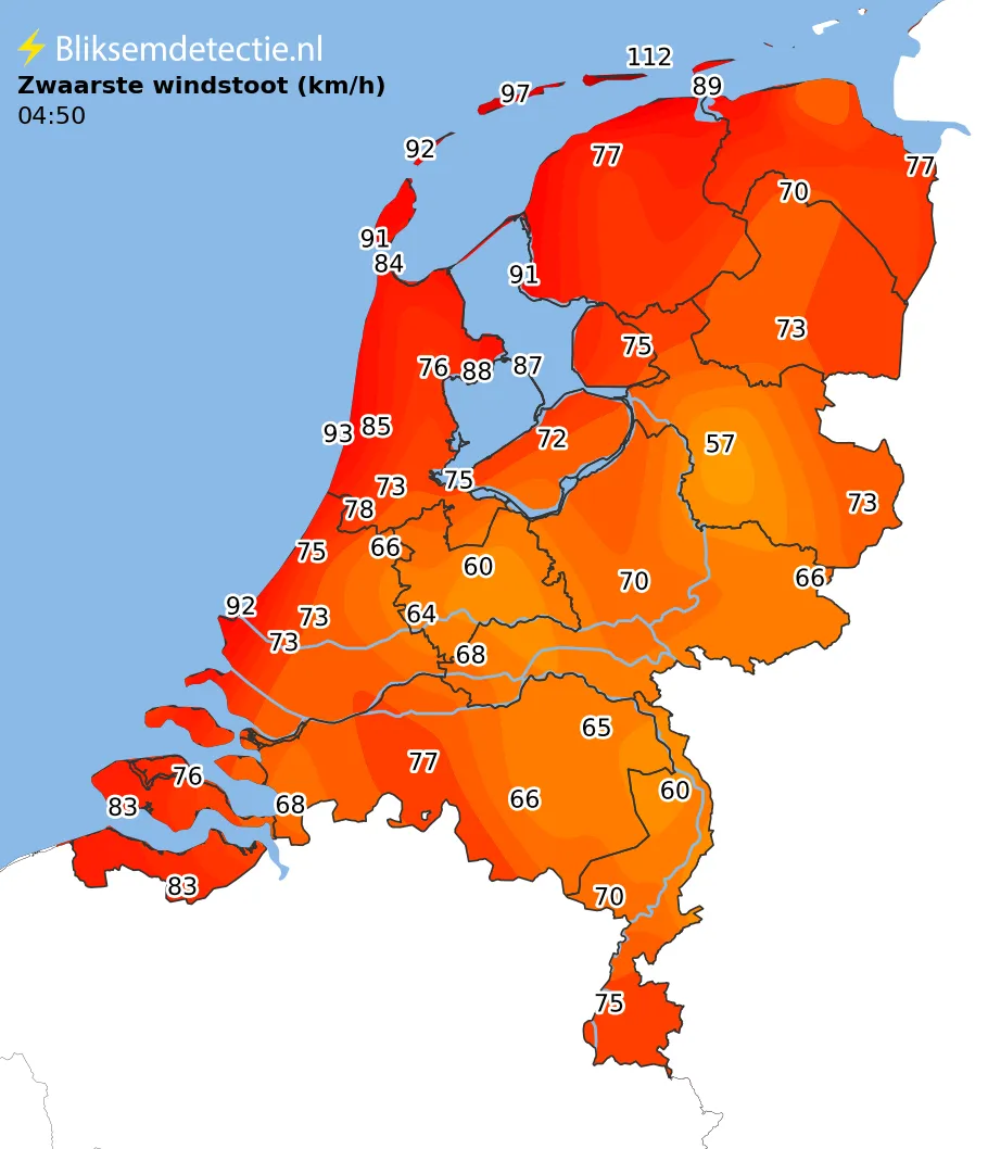 Zwaarste windstoten kaart Nederland