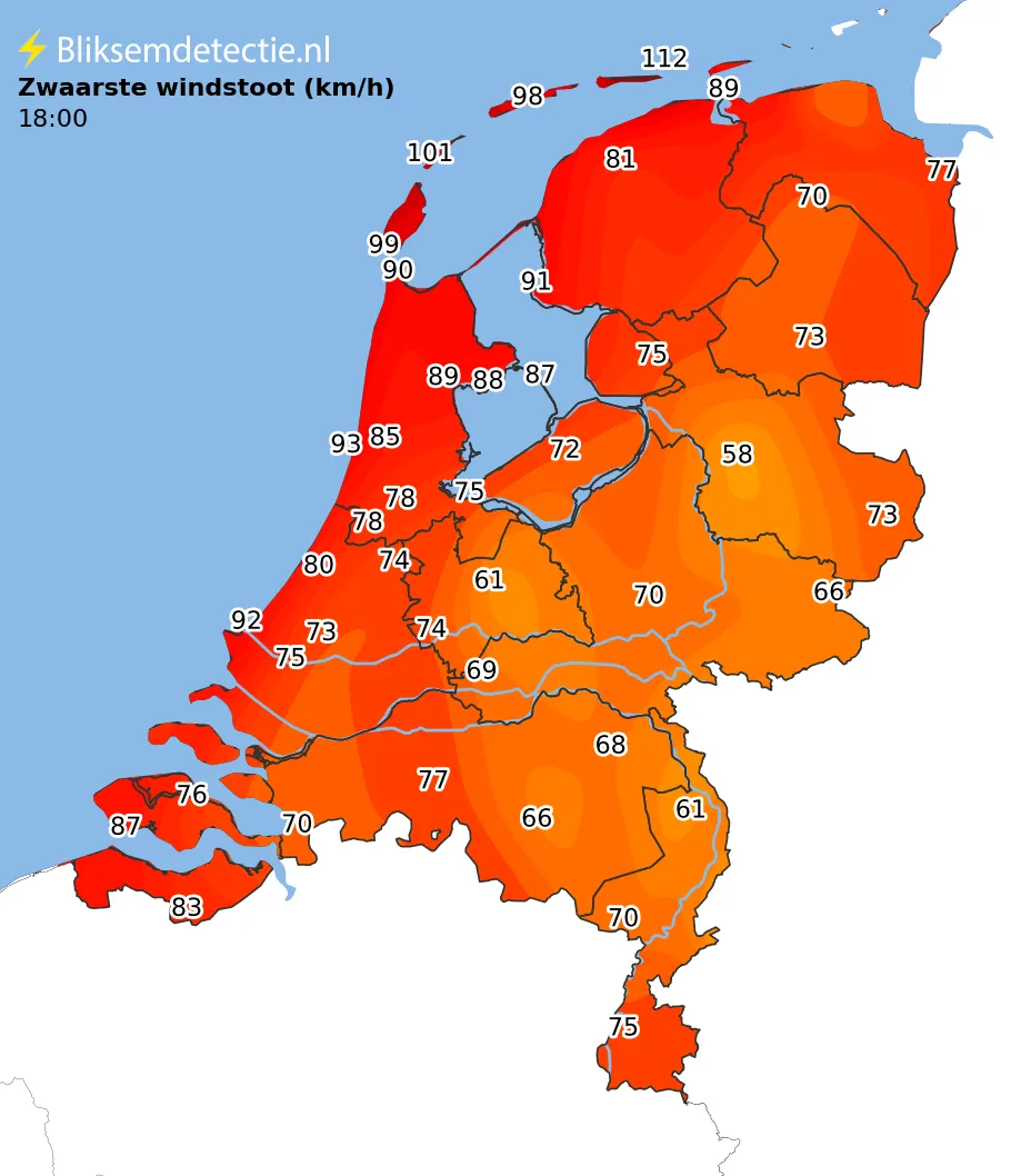 Zwaarste windstoten kaart Nederland