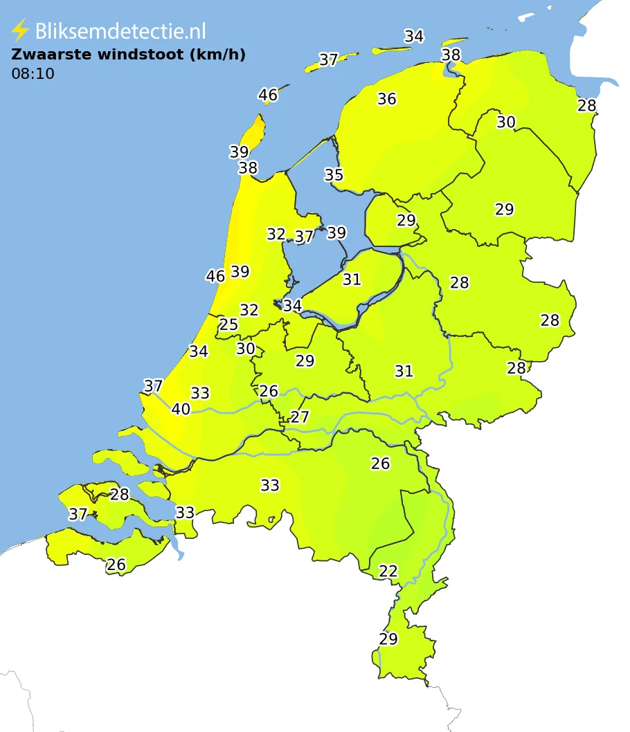 Zwaarste windstoten kaart Nederland
