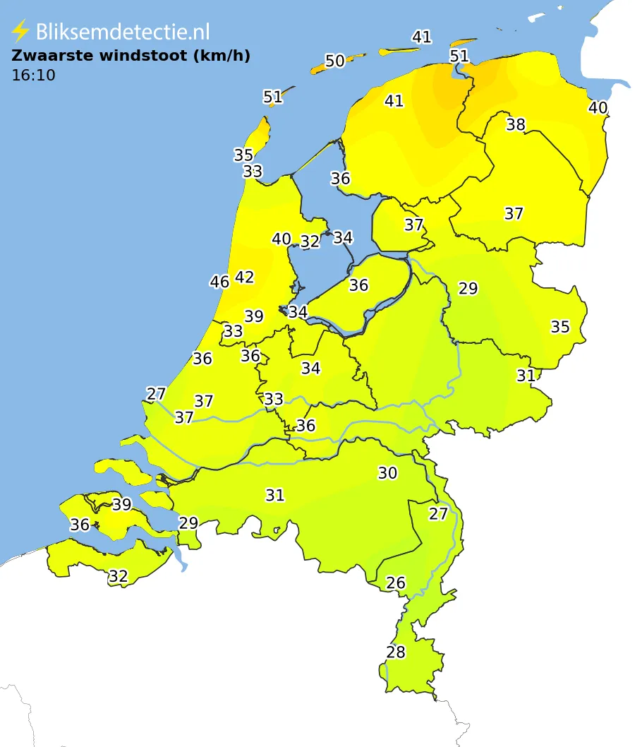 Zwaarste windstoten kaart Nederland