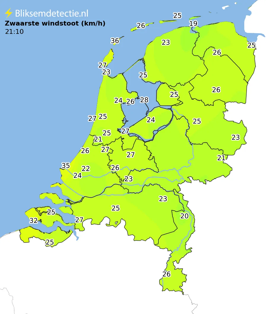Zwaarste windstoten kaart Nederland