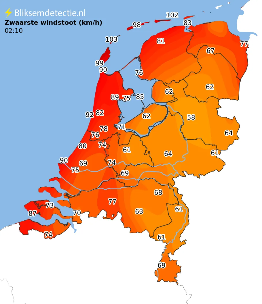 Zwaarste windstoten kaart Nederland