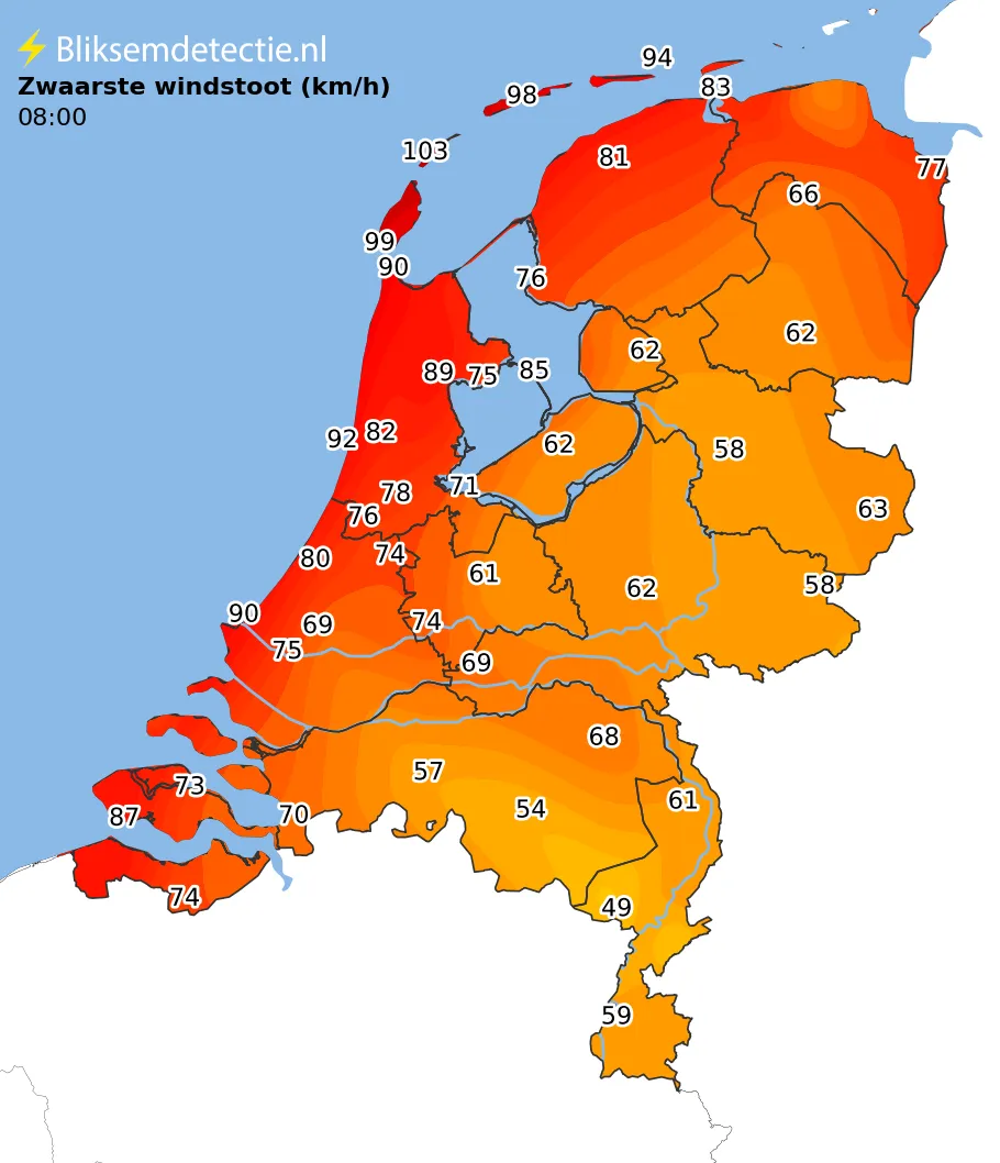 Zwaarste windstoten kaart Nederland